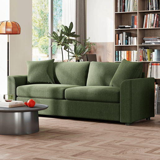 HOMCOM Sofá de 3 Lugares Sofá Sala de Estar 212x80x88 cm Estofado em Veludo Canelado com 2 Almofadas Apoios de Braço e Almofada de Molas Desenho Moderno para Sala de Estar Quarto Verde