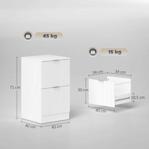 HOMCOM Arquivador de Escritório com 2 Gavetas Bloco de Gavetas para Secretária com Frentes Caneladas Móvel para Arquivo para Tamanho A4 ou Carta para Escritório 40x40x71 cm Branco