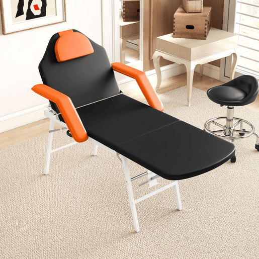 HOMCOM Marquesa de Massagem Dobrável Portátil Marquesa Estética Profissional de 3 Zonas com Altura Ajustável Encosto de Cabeça Removível Descansos de Braço Acolchoados 182x82x68 cm Laranja