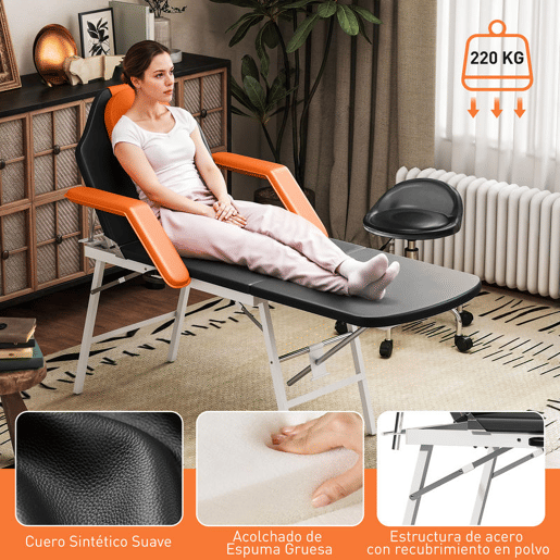 HOMCOM Marquesa de Massagem Dobrável Portátil Marquesa Estética Profissional de 3 Zonas com Altura Ajustável Encosto de Cabeça Removível Descansos de Braço Acolchoados 182x82x68 cm Laranja