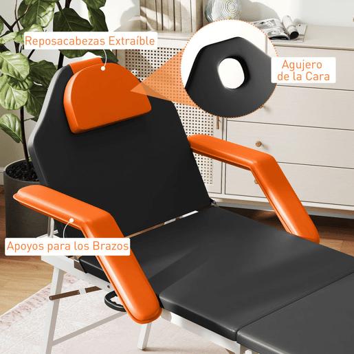 HOMCOM Marquesa de Massagem Dobrável Portátil Marquesa Estética Profissional de 3 Zonas com Altura Ajustável Encosto de Cabeça Removível Descansos de Braço Acolchoados 182x82x68 cm Laranja