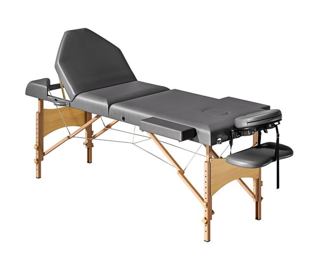 Homcom camilla masaje plegable portátil camilla estética profesional de madera de 3 zonas con altura, respaldo, soporte para piernas, reposacabezas ajustables brazos acolchados 215x60x62-89 cm gris