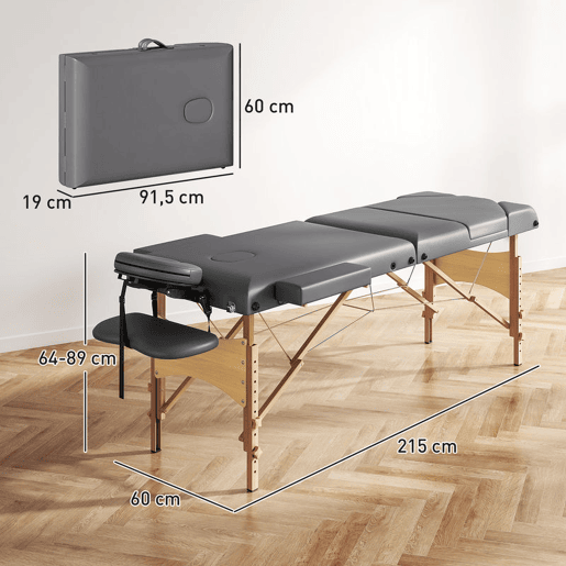 HOMCOM Marquesa de Massagem Portátil Dobrável Marquesa Estética Profissional de Madeira com 3 Zonas, Altura, Encosto, Suporte para Pernas, Apoio Ajustável para Cabeça e Braços Almofadados 215x60x62-89 cm Cinzento