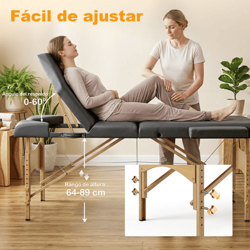 HOMCOM Marquesa de Massagem Portátil Dobrável Marquesa Estética Profissional de Madeira com 3 Zonas, Altura, Encosto, Suporte para Pernas, Apoio Ajustável para Cabeça e Braços Almofadados 215x60x62-89 cm Cinzento