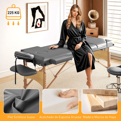 HOMCOM Marquesa de Massagem Portátil Dobrável Marquesa Estética Profissional de Madeira com 3 Zonas, Altura, Encosto, Suporte para Pernas, Apoio Ajustável para Cabeça e Braços Almofadados 215x60x62-89 cm Cinzento