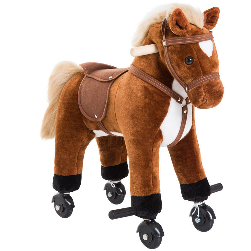 Homcom caballito para bebes de +36 meses caballo con ruedas sonidos de relincho palos y pedales carga 60 kg 55x23x60 cm marrón