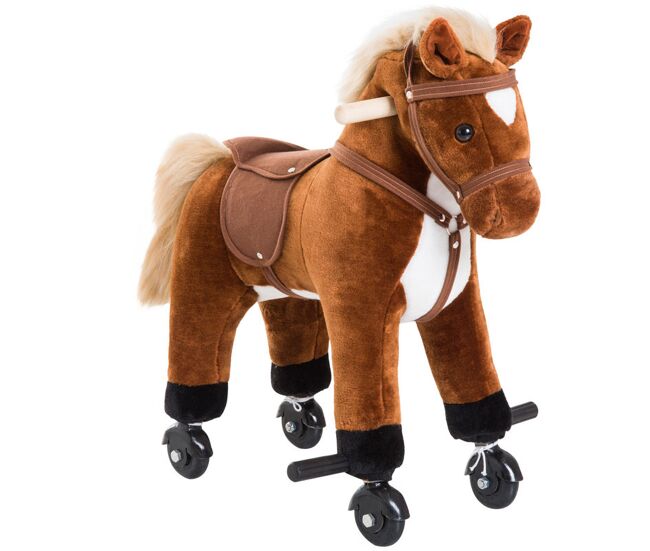 Homcom caballito para bebes de +2 años caballo de juguete con ruedas sonidos de relincho palos y pedales carga 60 kg 55x23x60 cm marrón