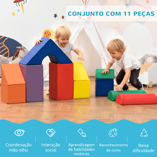 HOMCOM Conjunto de 11 Blocos de Espuma para Crianças Blocos de Contrução Brinquedo de Aprendizagem para Crianças 1-3 Anos 50x50x25 cm Multicor