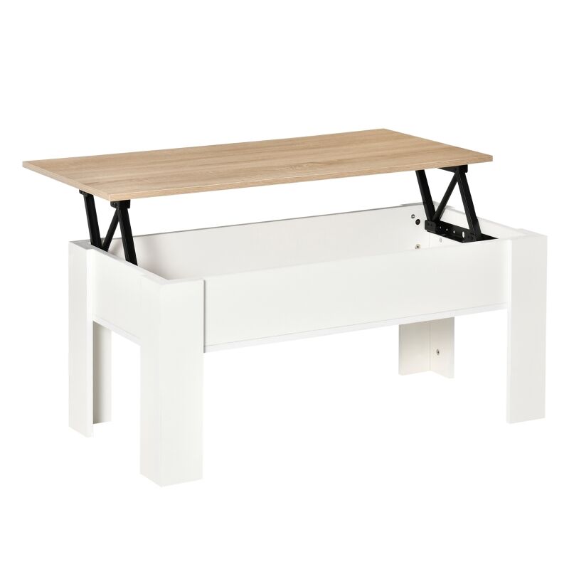 Homcom mesa de centro elevable mesa de café con encimera elevable espacio oculto de almacenaje 100x50x45-58,5 cm blanco y natural