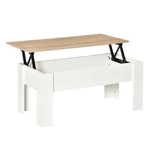 HOMCOM Mesa de Centro com Bancada Elevatória Mesa de Café com Compartimento Aberto e Oculto 100x50x45-58,5 cm Branco e Madeira