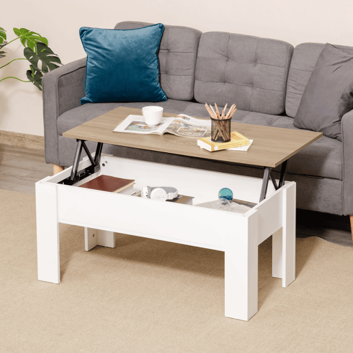 HOMCOM Mesa de Centro com Bancada Elevatória Mesa de Café com Compartimento Aberto e Oculto 100x50x45-58,5 cm Branco e Madeira