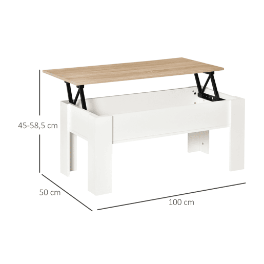 HOMCOM Mesa de Centro com Bancada Elevatória Mesa de Café com Compartimento Aberto e Oculto 100x50x45-58,5 cm Branco e Madeira