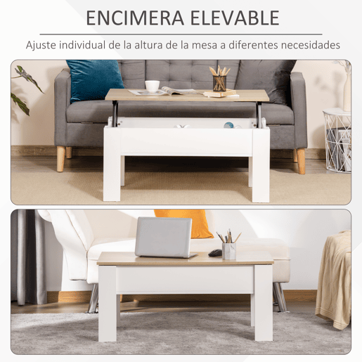 HOMCOM Mesa de Centro com Bancada Elevatória Mesa de Café com Compartimento Aberto e Oculto 100x50x45-58,5 cm Branco e Madeira