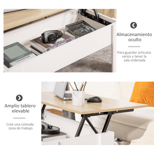 HOMCOM Mesa de Centro com Bancada Elevatória Mesa de Café com Compartimento Aberto e Oculto 100x50x45-58,5 cm Branco e Madeira