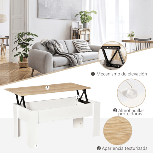 HOMCOM Mesa de Centro com Bancada Elevatória Mesa de Café com Compartimento Aberto e Oculto 100x50x45-58,5 cm Branco e Madeira