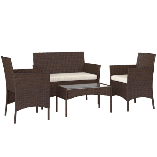 Outsunny Conjunto de Jardim em Vime com Almofadas Conjunto de Exterior Resistente às Intempéries Móveis de Exterior com 2 Poltronas Sofá de 2 Lugares Mesa com Vidro Marrom e Bege