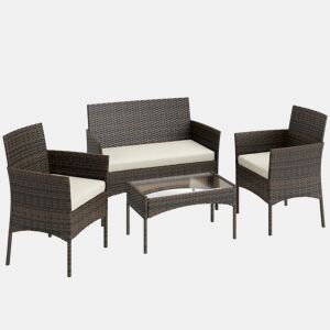 Outsunny Conjunto de Jardim em Vime com Almofadas Conjunto de Exterior Resistente às Intempéries Móveis de Exterior com 2 Poltronas Sofá de 2 Lugares Mesa com Vidro Marrom e Bege