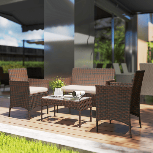 Outsunny Conjunto de Jardim em Vime com Almofadas Conjunto de Exterior Resistente às Intempéries Móveis de Exterior com 2 Poltronas Sofá de 2 Lugares Mesa com Vidro Marrom e Bege