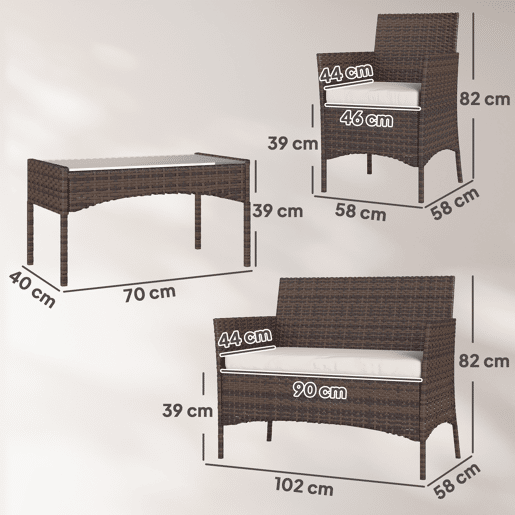 Outsunny Conjunto de Jardim em Vime com Almofadas Conjunto de Exterior Resistente às Intempéries Móveis de Exterior com 2 Poltronas Sofá de 2 Lugares Mesa com Vidro Marrom e Bege