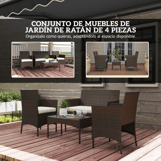 Outsunny Conjunto de Jardim em Vime com Almofadas Conjunto de Exterior Resistente às Intempéries Móveis de Exterior com 2 Poltronas Sofá de 2 Lugares Mesa com Vidro Marrom e Bege