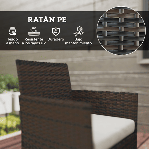 Outsunny Conjunto de Jardim em Vime com Almofadas Conjunto de Exterior Resistente às Intempéries Móveis de Exterior com 2 Poltronas Sofá de 2 Lugares Mesa com Vidro Marrom e Bege