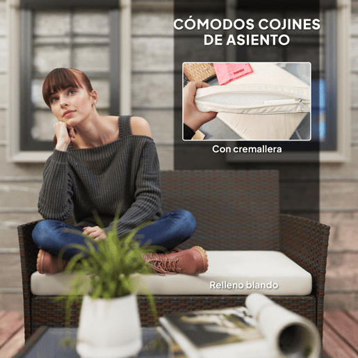 Outsunny Conjunto de Jardim em Vime com Almofadas Conjunto de Exterior Resistente às Intempéries Móveis de Exterior com 2 Poltronas Sofá de 2 Lugares Mesa com Vidro Marrom e Bege