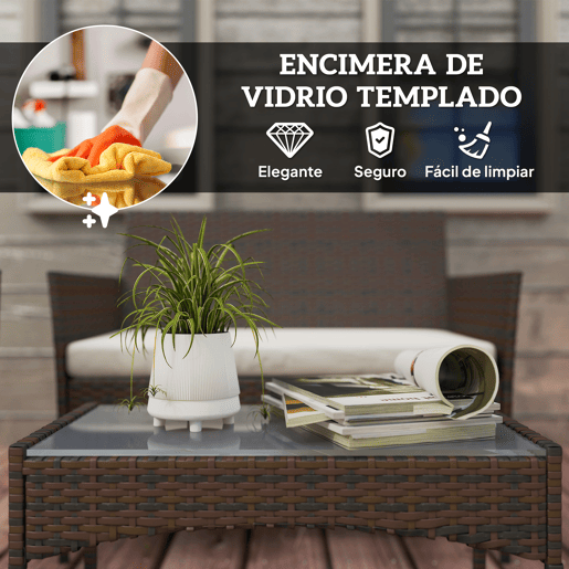 Outsunny Conjunto de Jardim em Vime com Almofadas Conjunto de Exterior Resistente às Intempéries Móveis de Exterior com 2 Poltronas Sofá de 2 Lugares Mesa com Vidro Marrom e Bege