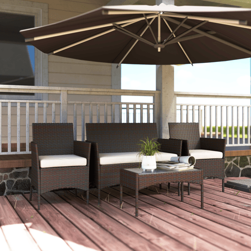 Outsunny Conjunto de Jardim em Vime com Almofadas Conjunto de Exterior Resistente às Intempéries Móveis de Exterior com 2 Poltronas Sofá de 2 Lugares Mesa com Vidro Marrom e Bege
