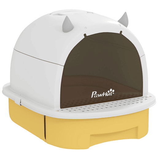PawHut Caixa de Areia para Gatos Fechada Caixa de Areia para Gatos com Tampa e Bandeja Amovíveis Filtro de Carvão e Pá 40,5x52x39 cm Branco e Amarelo