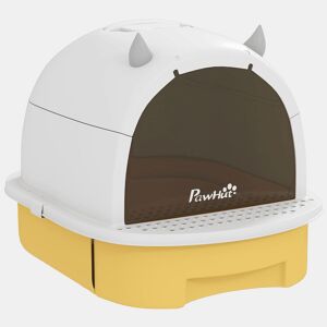 PawHut Caixa de Areia para Gatos Fechada Caixa de Areia para Gatos com Tampa e Bandeja Amovíveis Filtro de Carvão e Pá 40,5x52x39 cm Branco e Amarelo