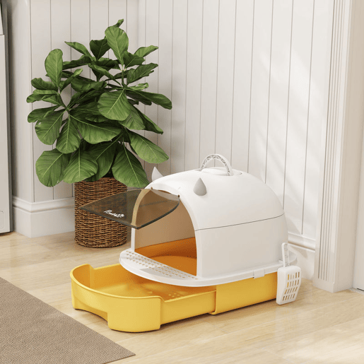 PawHut Caixa de Areia para Gatos Fechada Caixa de Areia para Gatos com Tampa e Bandeja Amovíveis Filtro de Carvão e Pá 40,5x52x39 cm Branco e Amarelo