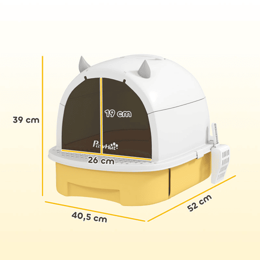 PawHut Caixa de Areia para Gatos Fechada Caixa de Areia para Gatos com Tampa e Bandeja Amovíveis Filtro de Carvão e Pá 40,5x52x39 cm Branco e Amarelo