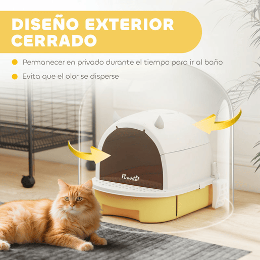 PawHut Caixa de Areia para Gatos Fechada Caixa de Areia para Gatos com Tampa e Bandeja Amovíveis Filtro de Carvão e Pá 40,5x52x39 cm Branco e Amarelo