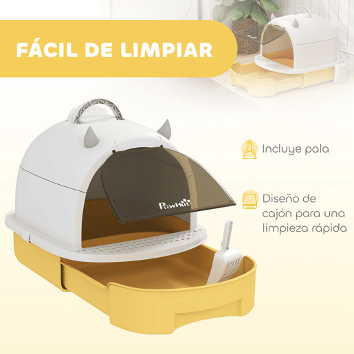 PawHut Caixa de Areia para Gatos Fechada Caixa de Areia para Gatos com Tampa e Bandeja Amovíveis Filtro de Carvão e Pá 40,5x52x39 cm Branco e Amarelo