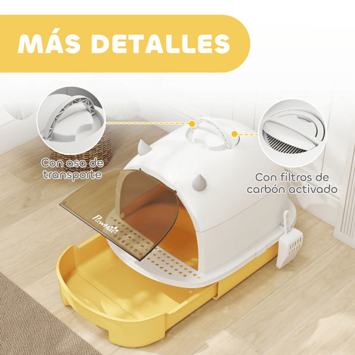 PawHut Caixa de Areia para Gatos Fechada Caixa de Areia para Gatos com Tampa e Bandeja Amovíveis Filtro de Carvão e Pá 40,5x52x39 cm Branco e Amarelo