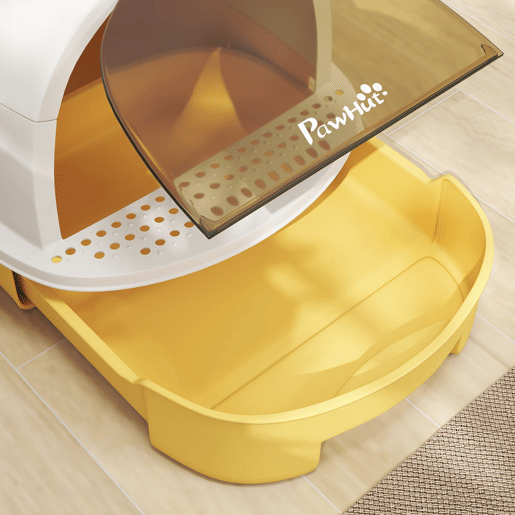 PawHut Caixa de Areia para Gatos Fechada Caixa de Areia para Gatos com Tampa e Bandeja Amovíveis Filtro de Carvão e Pá 40,5x52x39 cm Branco e Amarelo