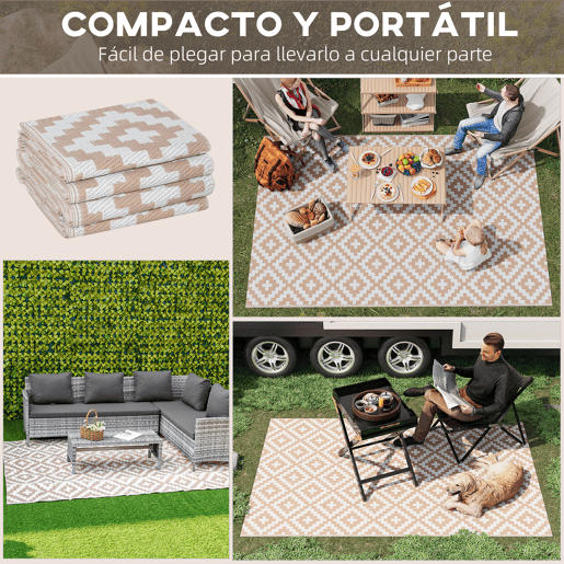 Outsunny Tapete de Exterior 182x274 cm Tapete Reversível com Desenho Geomátrico Impermeável para Varanda Pátio Campismo Praia Branco e Castanho