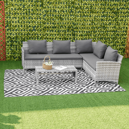 Outsunny Tapete de Exterior 182x274 cm Tapete Reversível com Desenho Geométrico Impermeável para Varanda Pátio Campismo Praia Branco e Preto