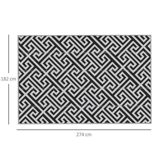 Outsunny Tapete de Exterior 182x274 cm Tapete Reversível com Desenho Geométrico Impermeável para Varanda Pátio Campismo Praia Branco e Preto