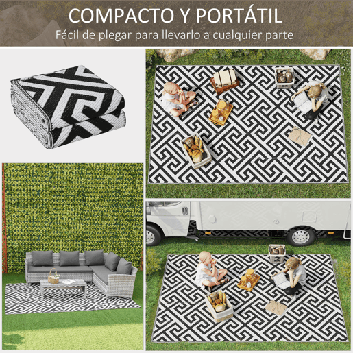 Outsunny Tapete de Exterior 182x274 cm Tapete Reversível com Desenho Geométrico Impermeável para Varanda Pátio Campismo Praia Branco e Preto