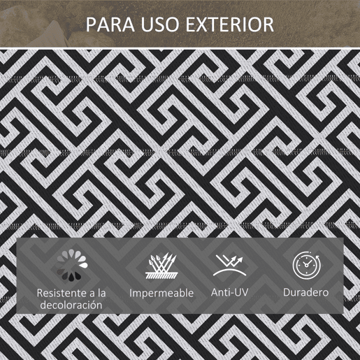 Outsunny Tapete de Exterior 182x274 cm Tapete Reversível com Desenho Geométrico Impermeável para Varanda Pátio Campismo Praia Branco e Preto