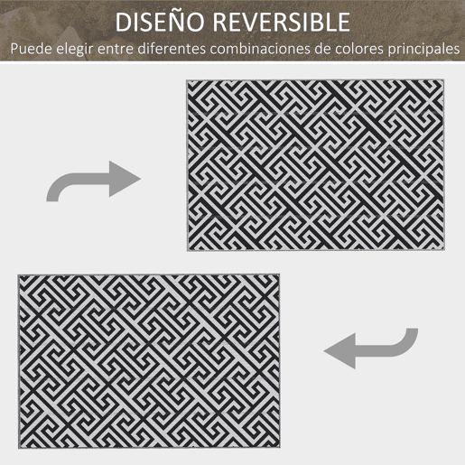 Outsunny Tapete de Exterior 182x274 cm Tapete Reversível com Desenho Geométrico Impermeável para Varanda Pátio Campismo Praia Branco e Preto