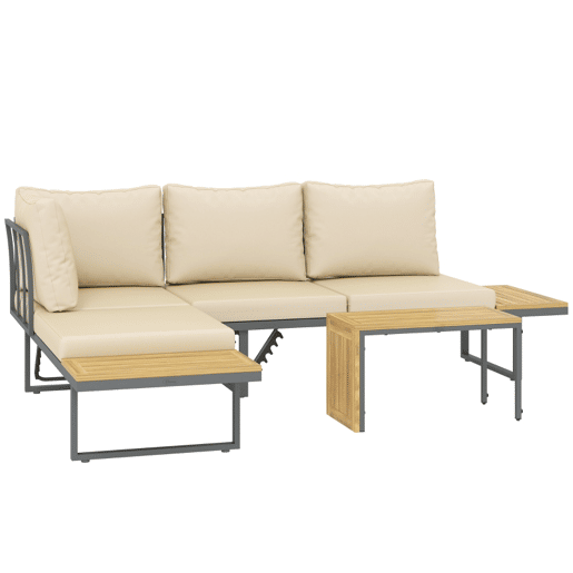 Outsunny Conjunto de Móveis de Jardim Sofás de Exterior em Forma de L com 2 Sofás de 3 Lugares Assento Ajustável e Mesa de Madeira de Acácia Versátil com Almofadas Bege e Cinza