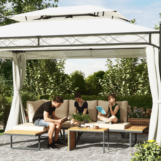 Outsunny Conjunto de Móveis de Jardim Sofás de Exterior em Forma de L com 2 Sofás de 3 Lugares Assento Ajustável e Mesa de Madeira de Acácia Versátil com Almofadas Bege e Cinza