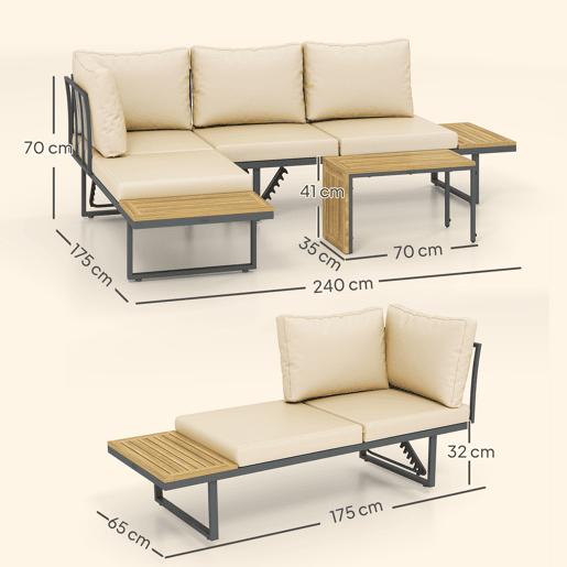 Outsunny Conjunto de Móveis de Jardim Sofás de Exterior em Forma de L com 2 Sofás de 3 Lugares Assento Ajustável e Mesa de Madeira de Acácia Versátil com Almofadas Bege e Cinza
