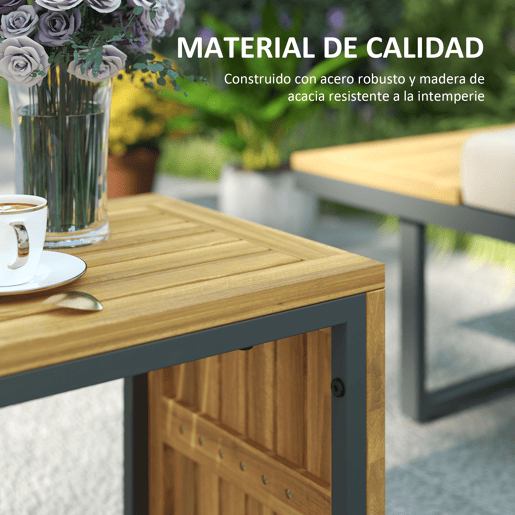 Outsunny Conjunto de Móveis de Jardim Sofás de Exterior em Forma de L com 2 Sofás de 3 Lugares Assento Ajustável e Mesa de Madeira de Acácia Versátil com Almofadas Bege e Cinza