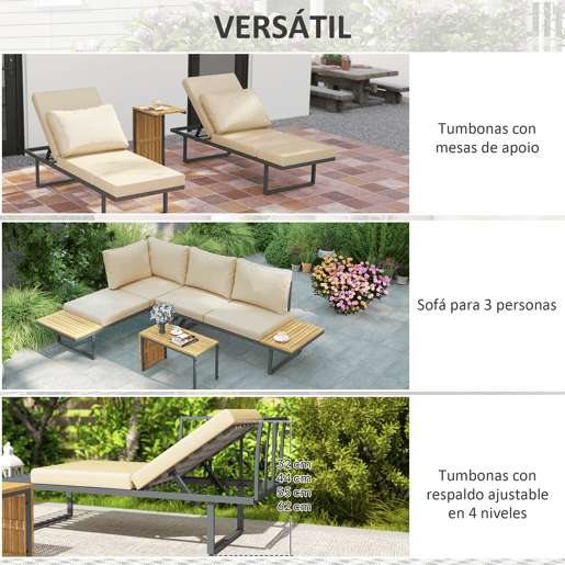 Outsunny Conjunto de Móveis de Jardim Sofás de Exterior em Forma de L com 2 Sofás de 3 Lugares Assento Ajustável e Mesa de Madeira de Acácia Versátil com Almofadas Bege e Cinza