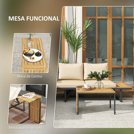Outsunny Conjunto de Móveis de Jardim Sofás de Exterior em Forma de L com 2 Sofás de 3 Lugares Assento Ajustável e Mesa de Madeira de Acácia Versátil com Almofadas Bege e Cinza