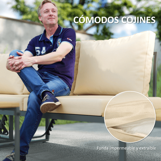 Outsunny Conjunto de Móveis de Jardim Sofás de Exterior em Forma de L com 2 Sofás de 3 Lugares Assento Ajustável e Mesa de Madeira de Acácia Versátil com Almofadas Bege e Cinza