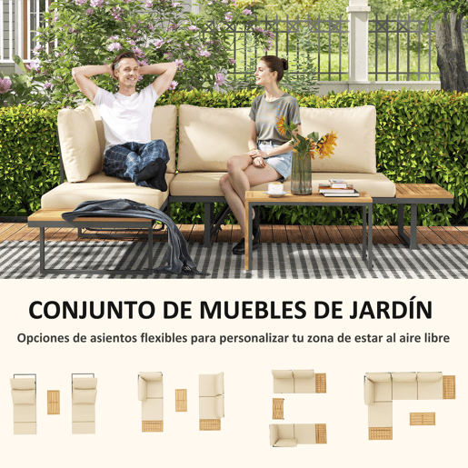 Outsunny Conjunto de Móveis de Jardim Sofás de Exterior em Forma de L com 2 Sofás de 3 Lugares Assento Ajustável e Mesa de Madeira de Acácia Versátil com Almofadas Bege e Cinza
